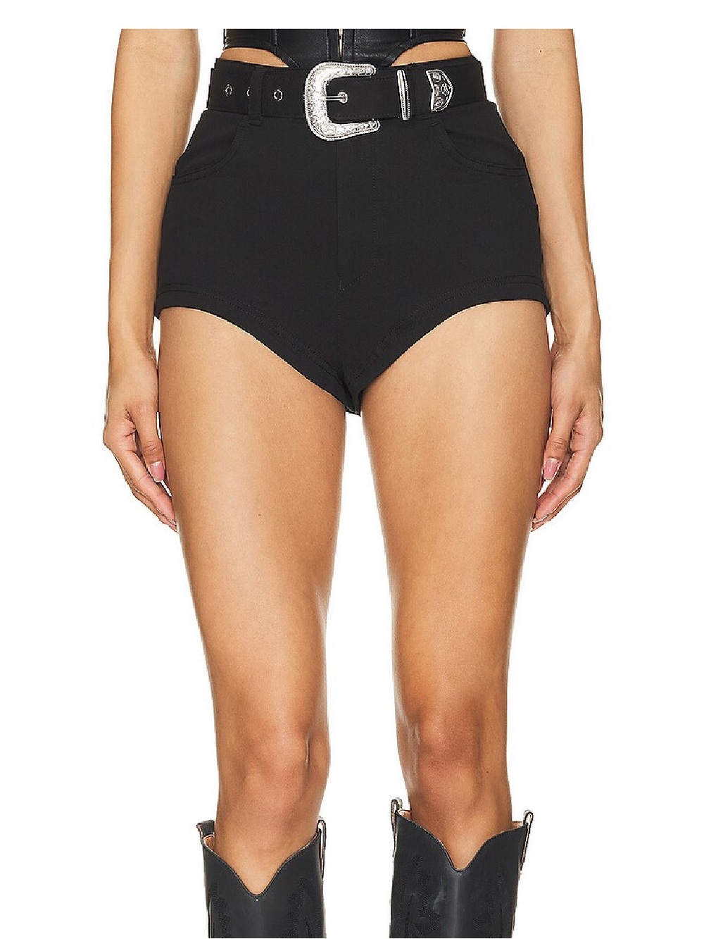Lovers + Friends Black High-Waist Cassie Shorts with Silver Western Buckle